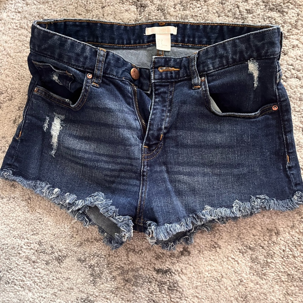 H&M Medium-Dark Wash Jean Shorts Distressed Frayed Hem